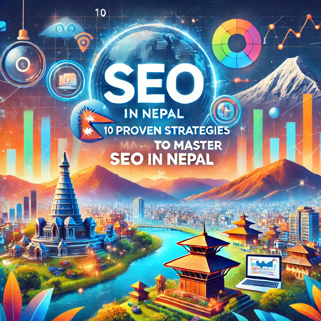 Vibrant image combining SEO elements and scenic views of Nepal to highlight strategies for mastering SEO in Nepal.